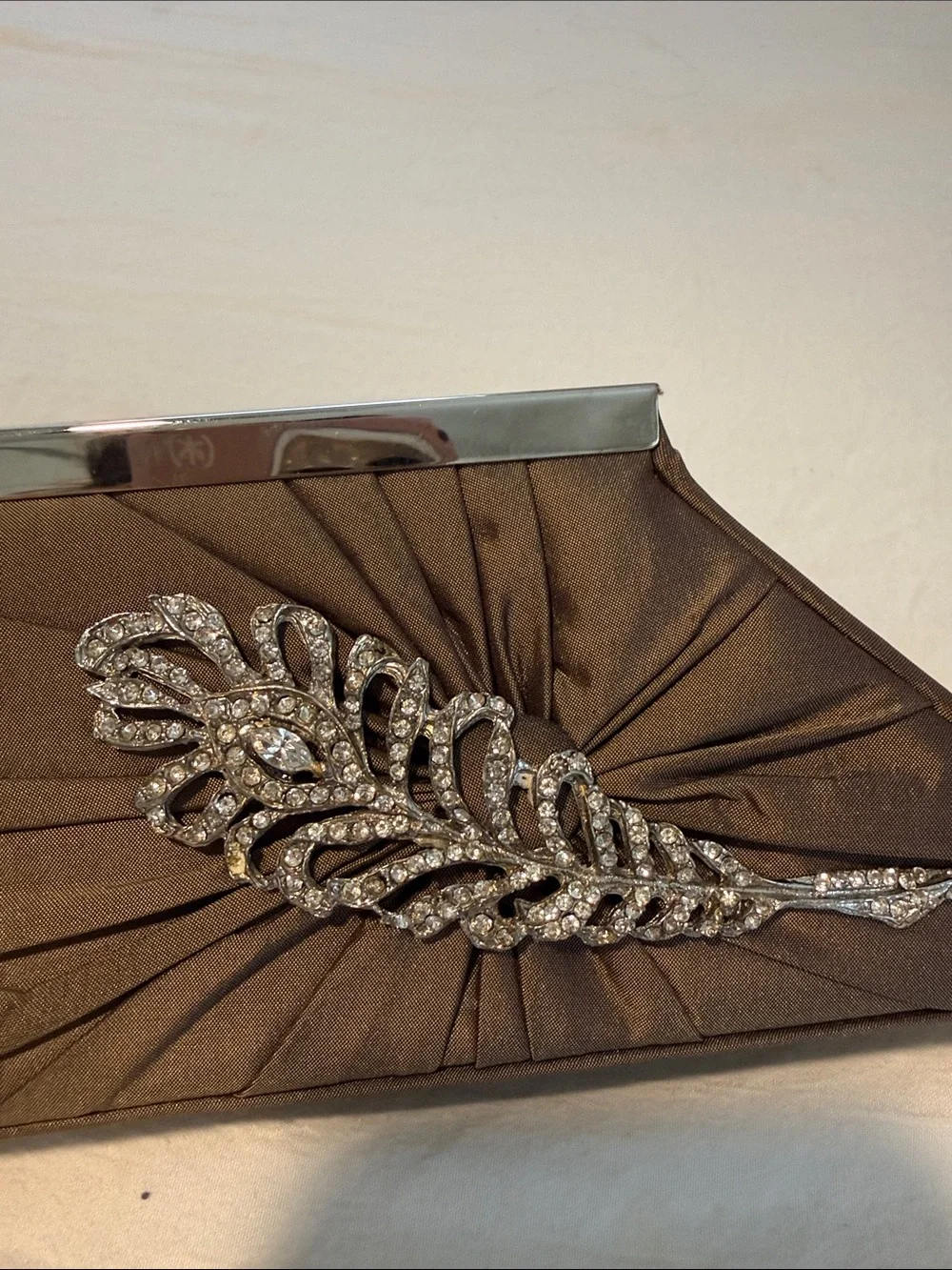 Inge Christopher Satin Brown Evening Clutch with Crystal Leaf Accent